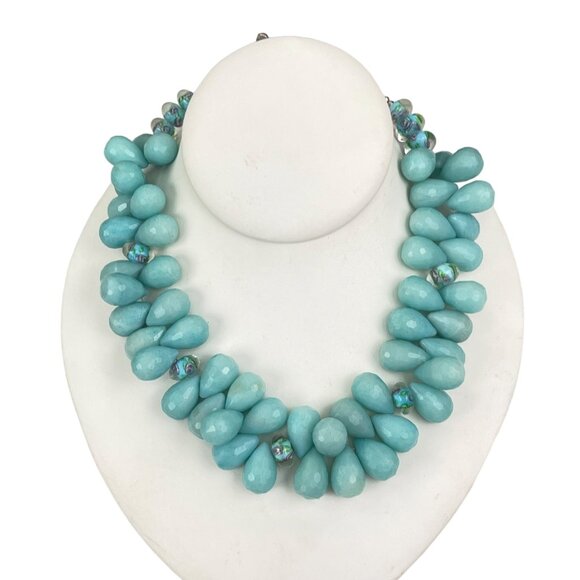 Aquamarine Beaded Necklace With Silver Toggle Clasp and Glass Accents 18" Length - Picture 1 of 9